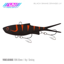 Samaki Vibelicious 85MM/14G Soft Vibe -Fishing Gear Shop Samaki Vibelicious Fork 85mm 14g Black Snake Orange UV 800x